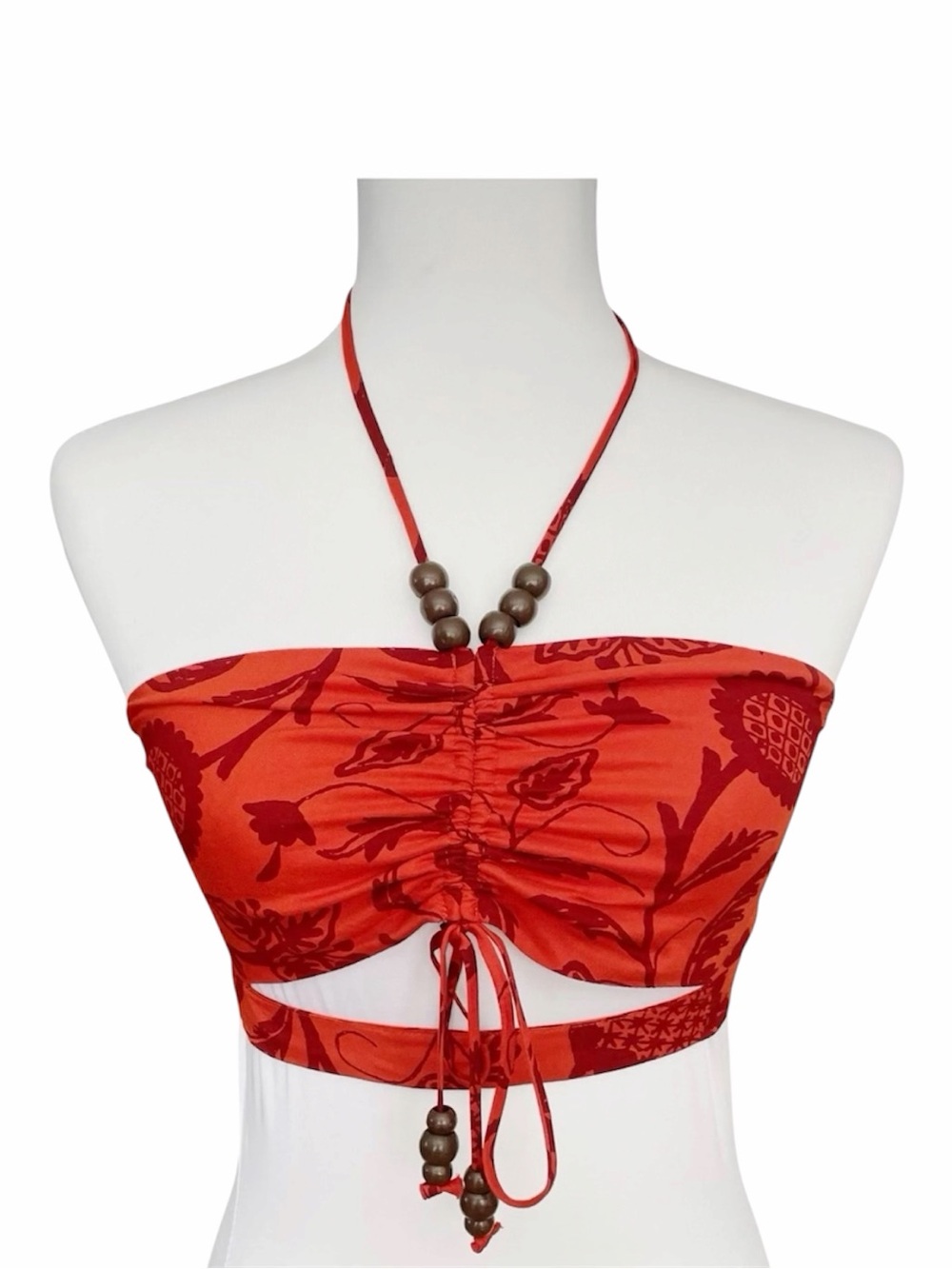 Anthropologie Halter Crop Top Size M Orange Floral Smocked Back Beaded Tie NWT